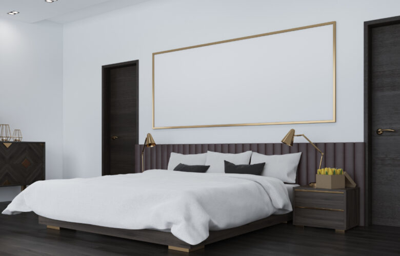 White bedroom interior with a dark wooden floor, a large bed, two black doors and a long horizontal poster above the bed. Side. 3d rendering mock up